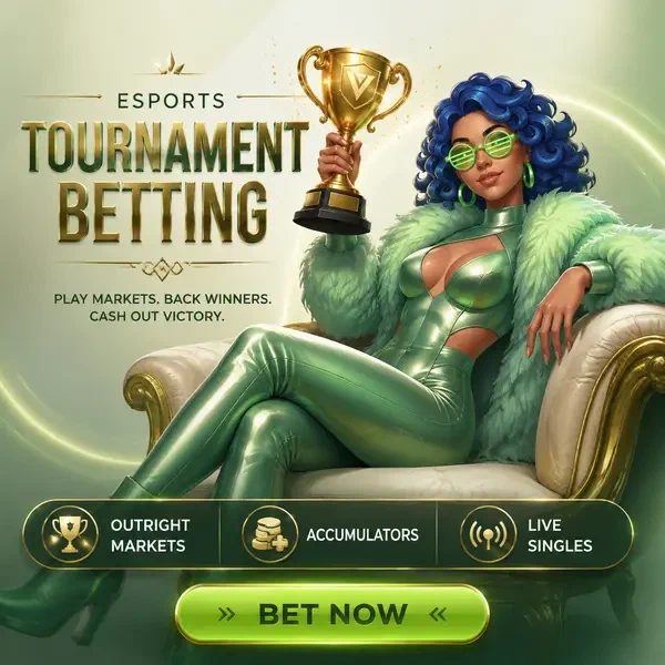 Glamouröse Frau präsentiert goldene Trophäe in der Season-Long Esports Markets and Tournament Betting Esports-Lounge